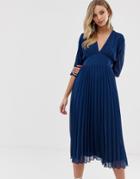 Asos Design Pleated Midi Dress With Batwing Sleeves - Navy