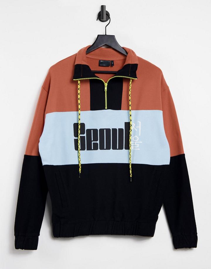 Asos Design Oversized Half Zip Sweatshirt In Color Block With Seoul Print-multi