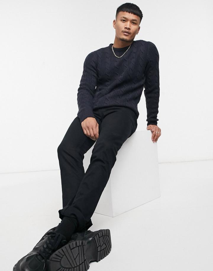 French Connection Logo Cable Wool Blend Knit Sweater In Navy