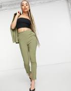 Little Mistress Slit Front Tailored Pants In Khaki - Part Of A Set-green