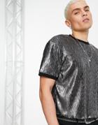 Asos Design Cropped T-shirt In Silver Metallic With Contrast Neck And Cuffs