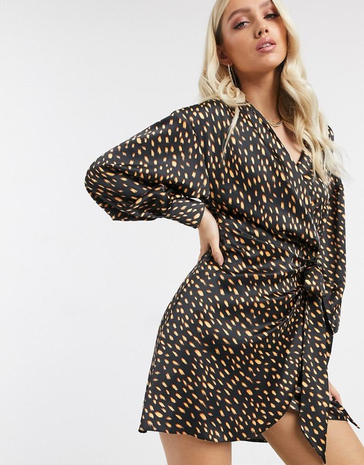 Asos Design Satin Drape Wrap Front Mini Dress In Polka Dot-multi
