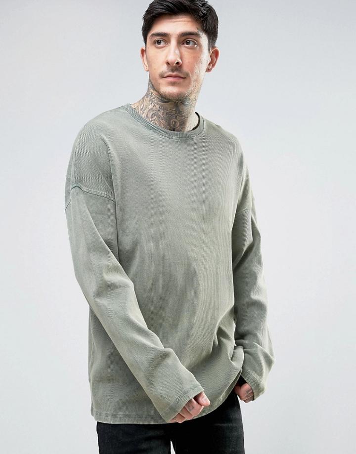 Asos Oversized Long Sleeve T-shirt In Khaki Rib With Pigment Overdye - Green
