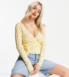 Asos Design Petite Wrap Top In Vintage Floral Print In Yellow