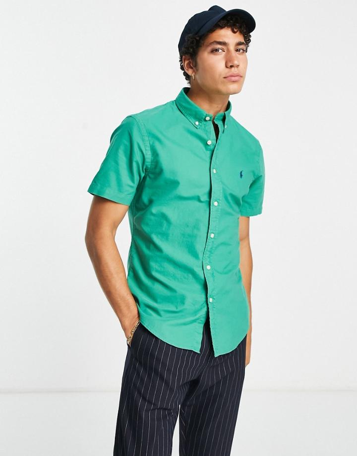 Polo Ralph Lauren Slim Fit Short Sleeve Garment Dyed Oxford Shirt With Pony Logo In Mid Green