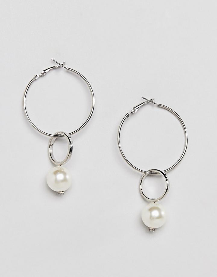 Designb London Pearl Charm Drop Hoop Earrings - Gold