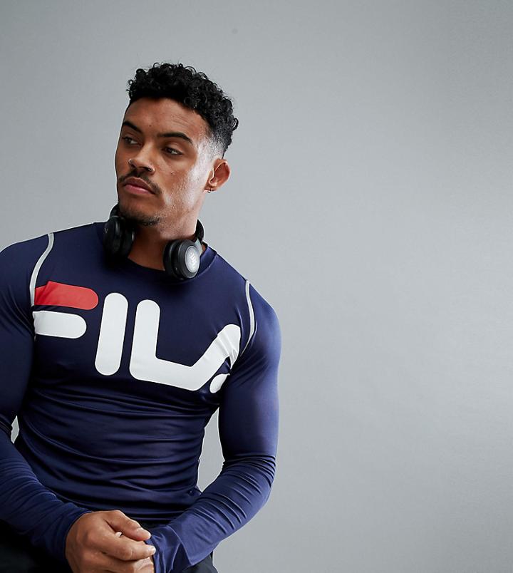 Fila Black Line Sport Compression Long Sleeve T-shirt With Large Logo In Navy - Navy