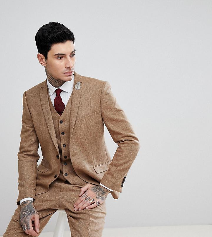 Heart & Dagger Slim Stretch Suit Jacket In Herringbone Tweed-tan