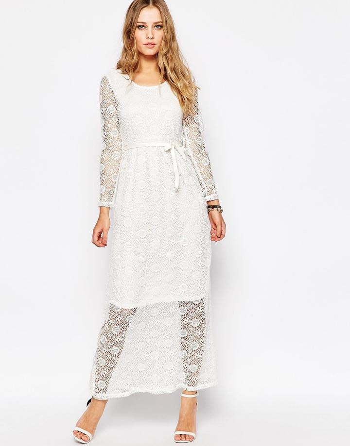 Ax Paris Long Sleeve Maxi Dress In Lace - Cream