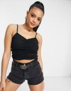 Asos Design Crop Cami With Ruched Front In Rib In Black