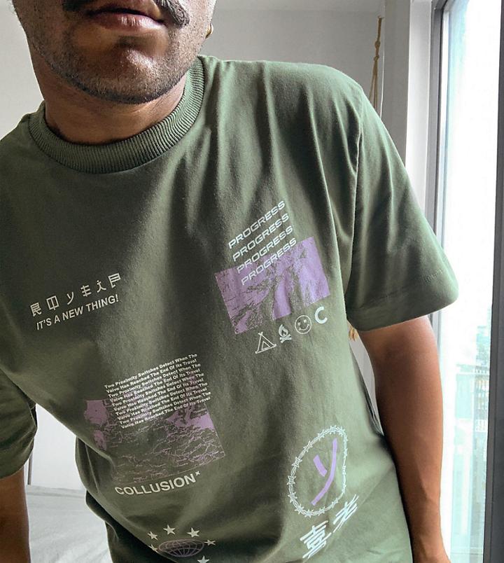 Collusion T-shirt With Print In Khaki-green