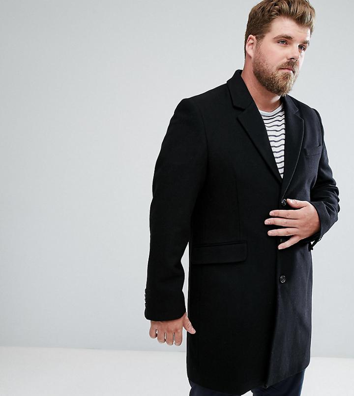 Asos Plus Wool Mix Overcoat In Black - Black
