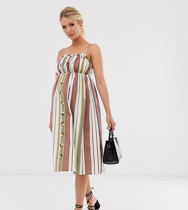 Asos Design Maternity Cami Button Through Midi Linen Sundress In Stripe-multi