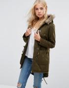 Qed London Parka With Faux Fur Hood - Green