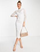 Asos Design Lace Pencil Midi Dress With Lace Trim In White