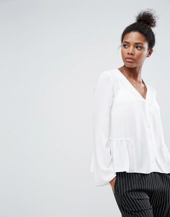 Asos V Neck Blouse With Ruffle Hem - White