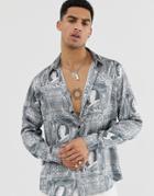 Asos Design Regular Fit Shirt With Baroque Print In Gray - Black