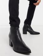 Asos Design Heeled Chelsea Boots With Pointed Toe In Black Leather With Black Sole