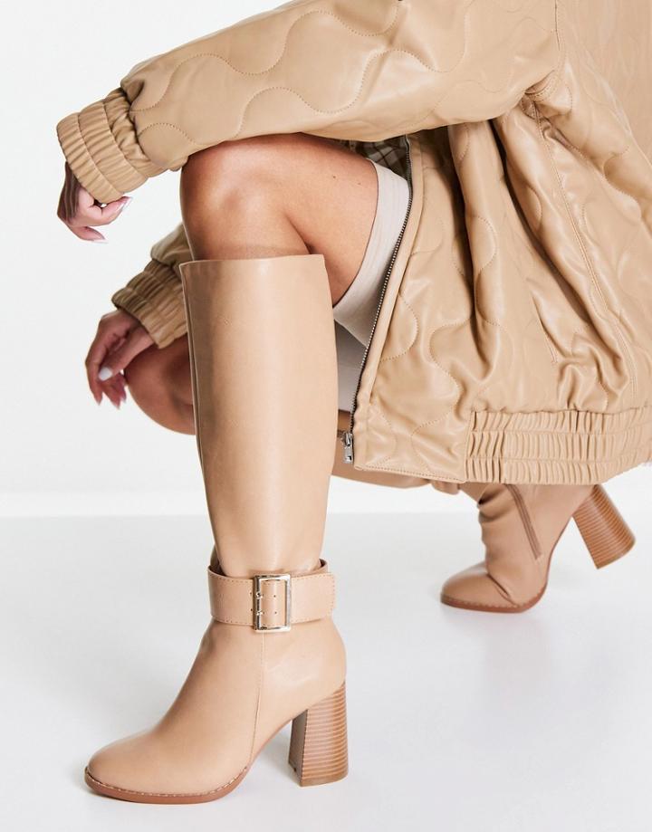 Asos Design Charlotte Heeled Knee Boots With Buckle Trim In Camel-neutral