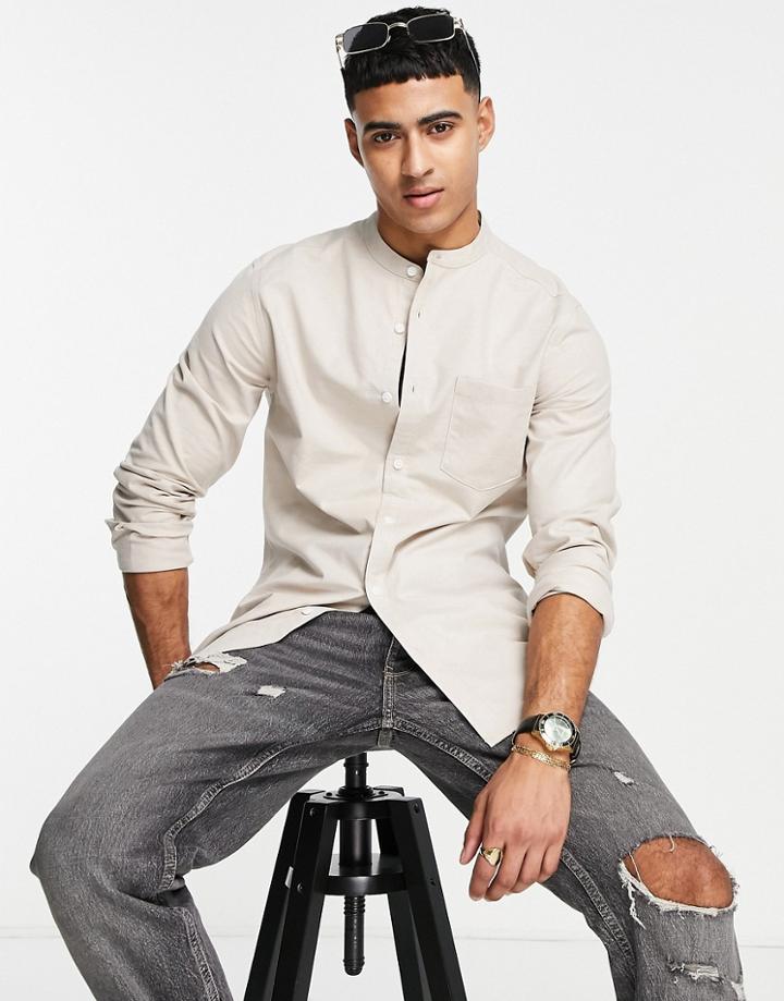 Asos Design Slim Fit Oxford Shirt With Grandad Collar In Light Gray