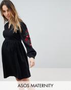 Asos Maternity Denim Smock Dress In Washed Black With Embroidery - Black