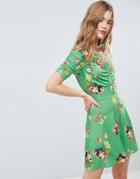 Asos Mini Tea Dress With Rouching Detail In Green Floral Print - Multi