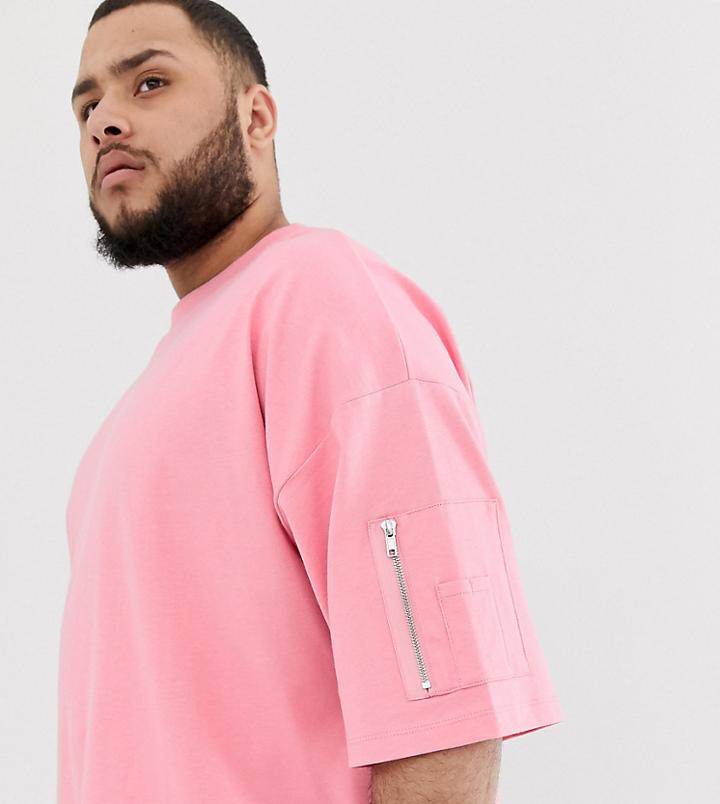 Asos Design Plus Oversized Longline T-shirt With Ma1 Pocket In Pink - Pink