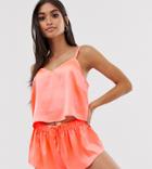 Asos Design Petite Exclusive Satin Neon Pyjama Short Set - Orange