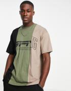 Good For Nothing Oversized Spliced T-shirt In Black And Khaki With Mixed Logo Print-multi