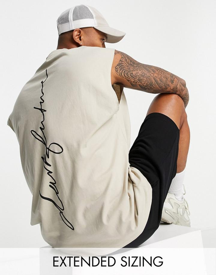 Asos Dark Future Oversized Tank Top With Logo Back Print In Sand-neutral