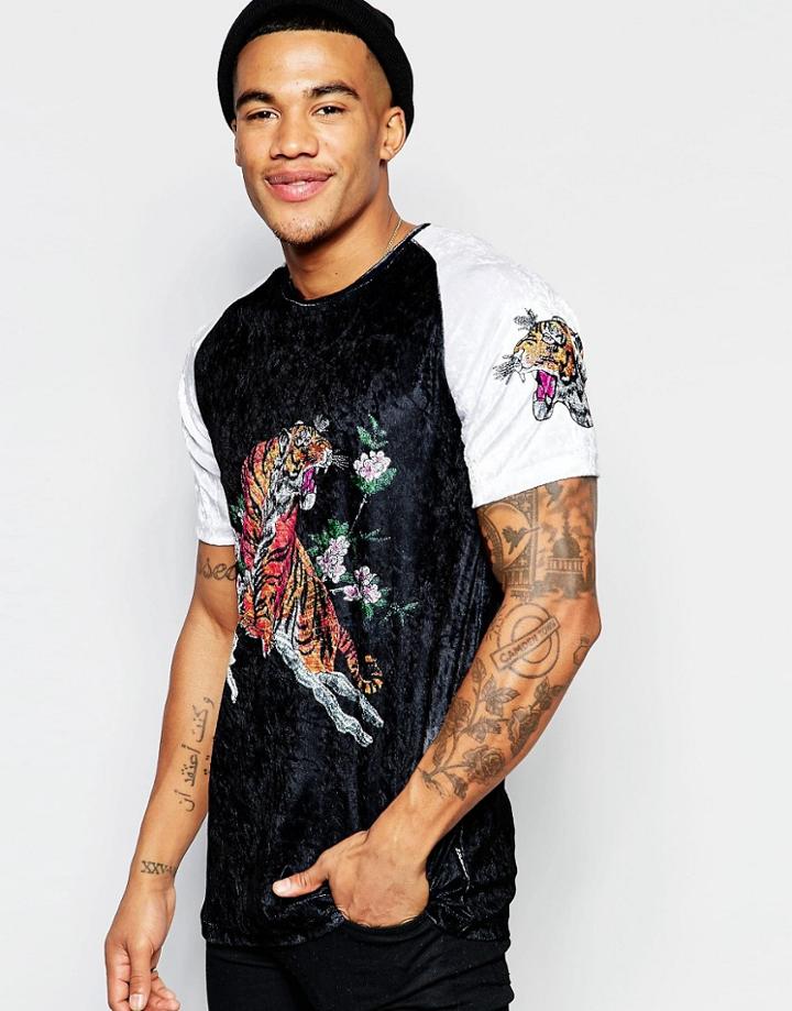 Jaded London T-shirt With Back Print In Crushed Velvet - Black