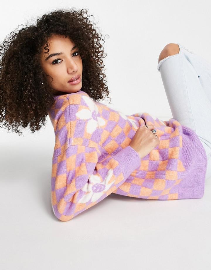 Topshop Knit Checkerboard Flower Sweater In Multi