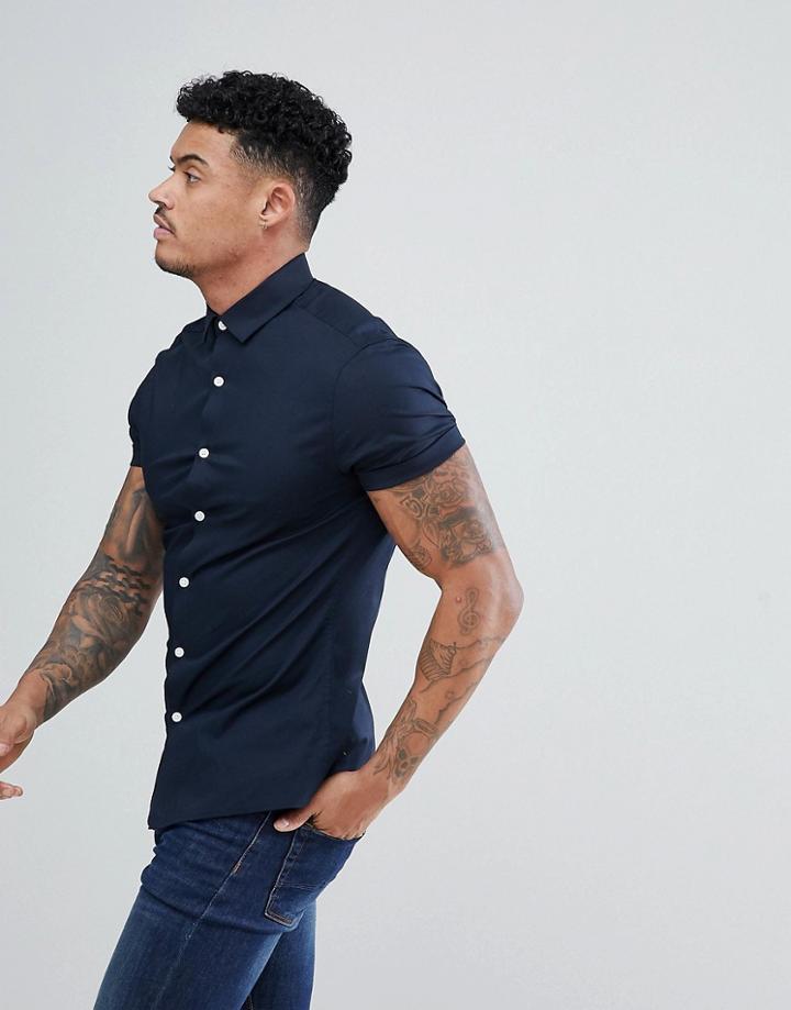 Asos Design Skinny Shirt In Navy - Navy