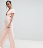 Asos Petite Plunge Neck Jumpsuit With Wide Leg And Open Back - Pink