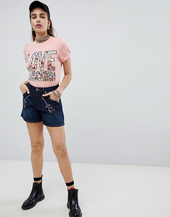 Love Moschino Guitar Printed Denim Shorts - Blue