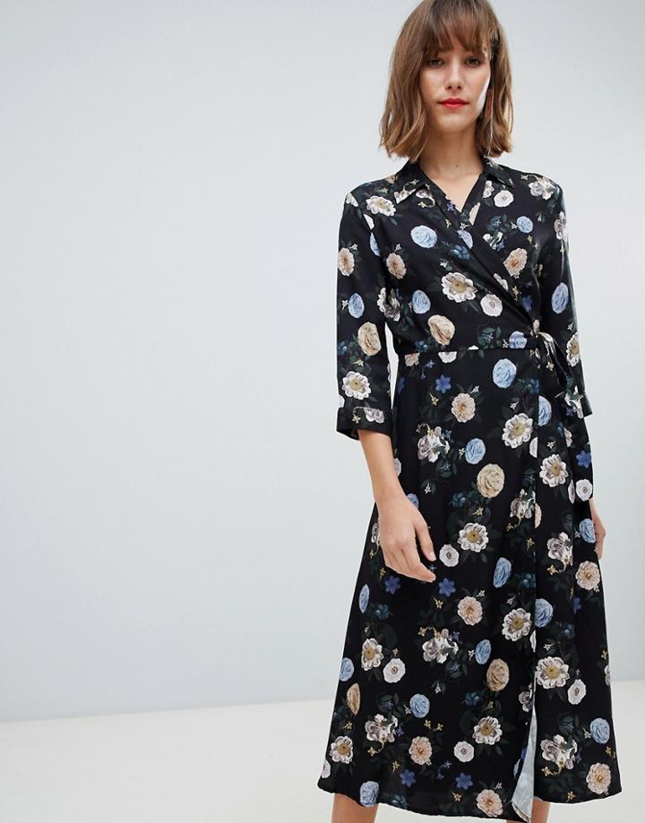 Mango Dark Floral Base Wrap Midi Dress In Black - Multi
