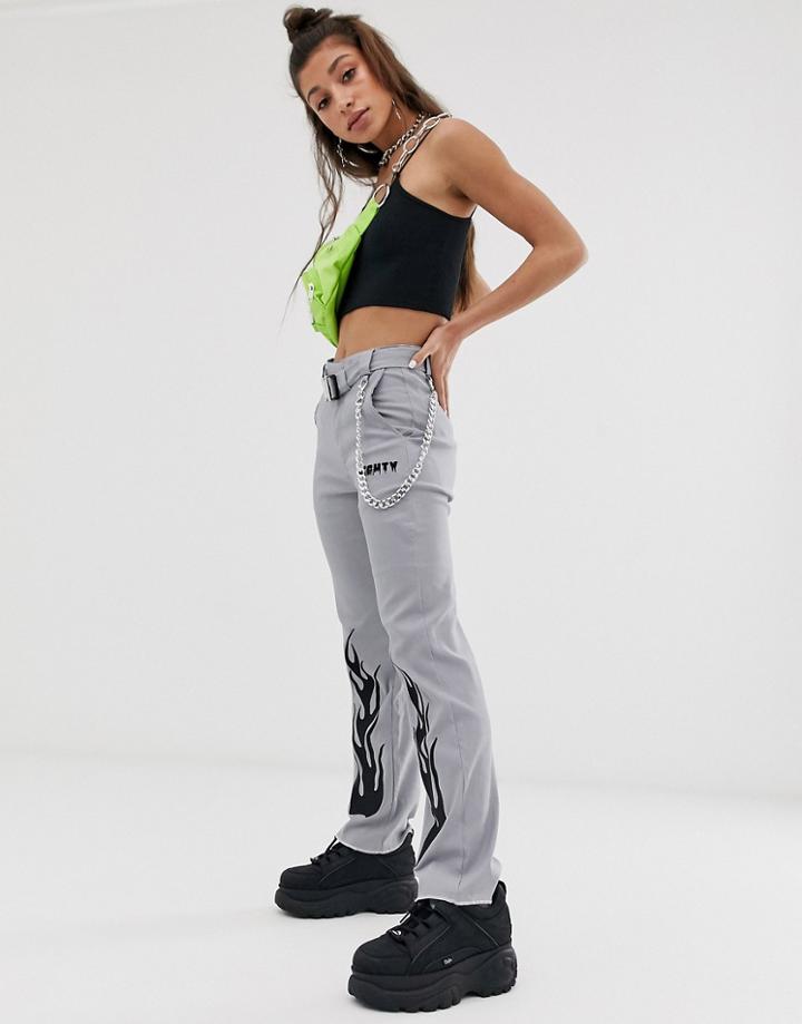 O Mighty Cargo Pants With Flame Print And Chain Belt Detail-gray