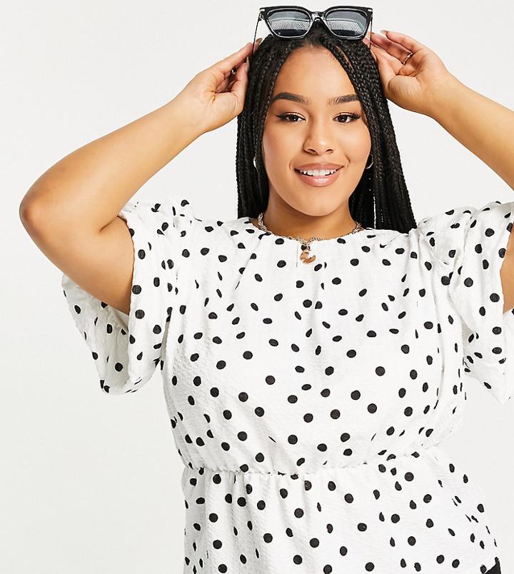 River Island Plus Polka Dot Puff Sleeve Top In Cream-white