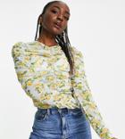 Asos Design Tall All Over Ruched Long Sleeve Top In Yellow Floral-multi
