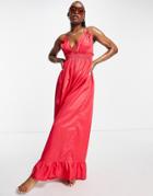 Asos Design Tiered Skinny Tie Maxi Beach Dress In Raspberry