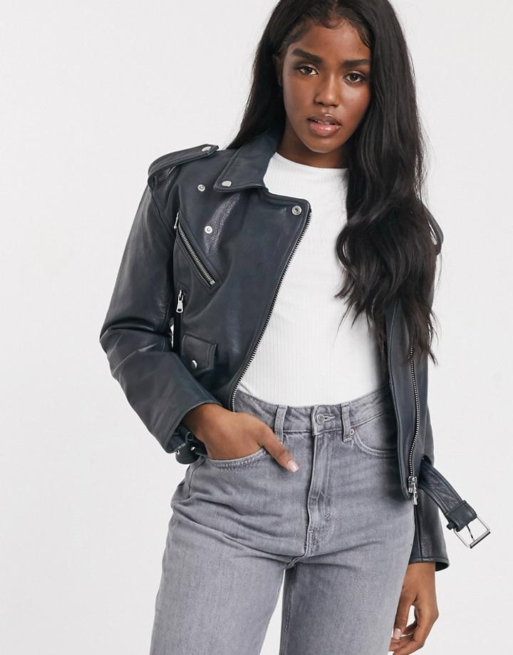 Asos Design Washed Leather Biker Jacket In Black