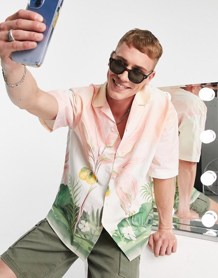 Jack & Jones Premium Camp Collar Shirt With Landscape Palm Print-pink