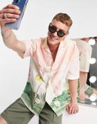 Jack & Jones Premium Camp Collar Shirt With Landscape Palm Print-pink