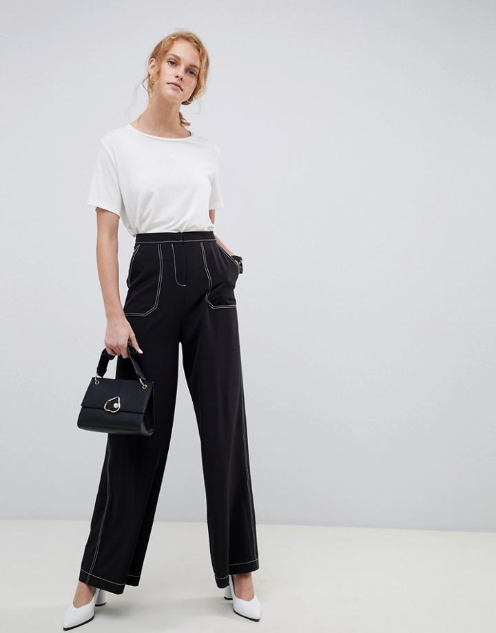 Asos Design Wide Leg Pants With Contrast Stitch - Black