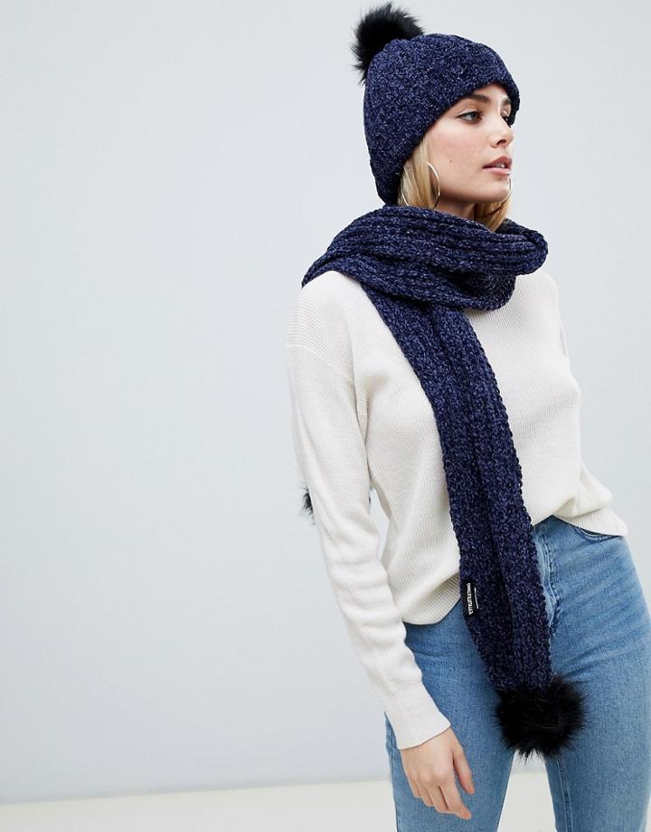 Prettylittlething Chenille Bobble Scarf In Navy - Navy