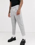 Asos Design Tapered Crop Smart Pants In Oversized Minimal Check With Elasticated Waist In Gray