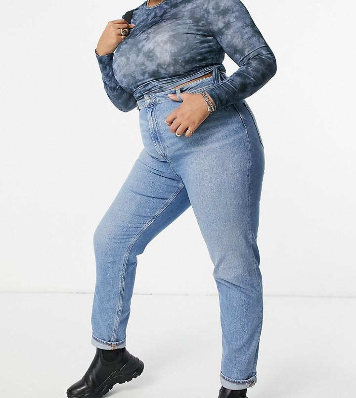 Asos Design Curve High Rise Farleigh 'slim' Mom Jeans In Stonewash-blue