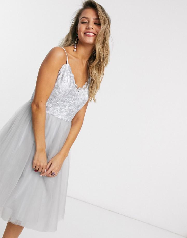 Chi Chi London Lace Top Tulle Prom Dress In Silver Gray-grey
