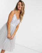 Chi Chi London Lace Top Tulle Prom Dress In Silver Gray-grey