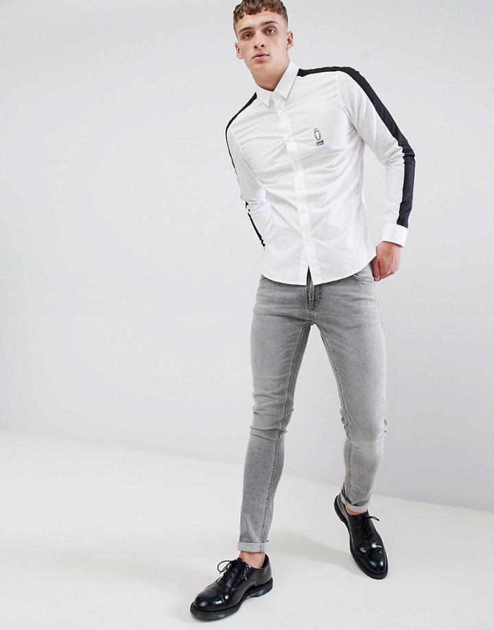 Cavalli Class Long Sleeve Shirt In White With Side Stripe - White